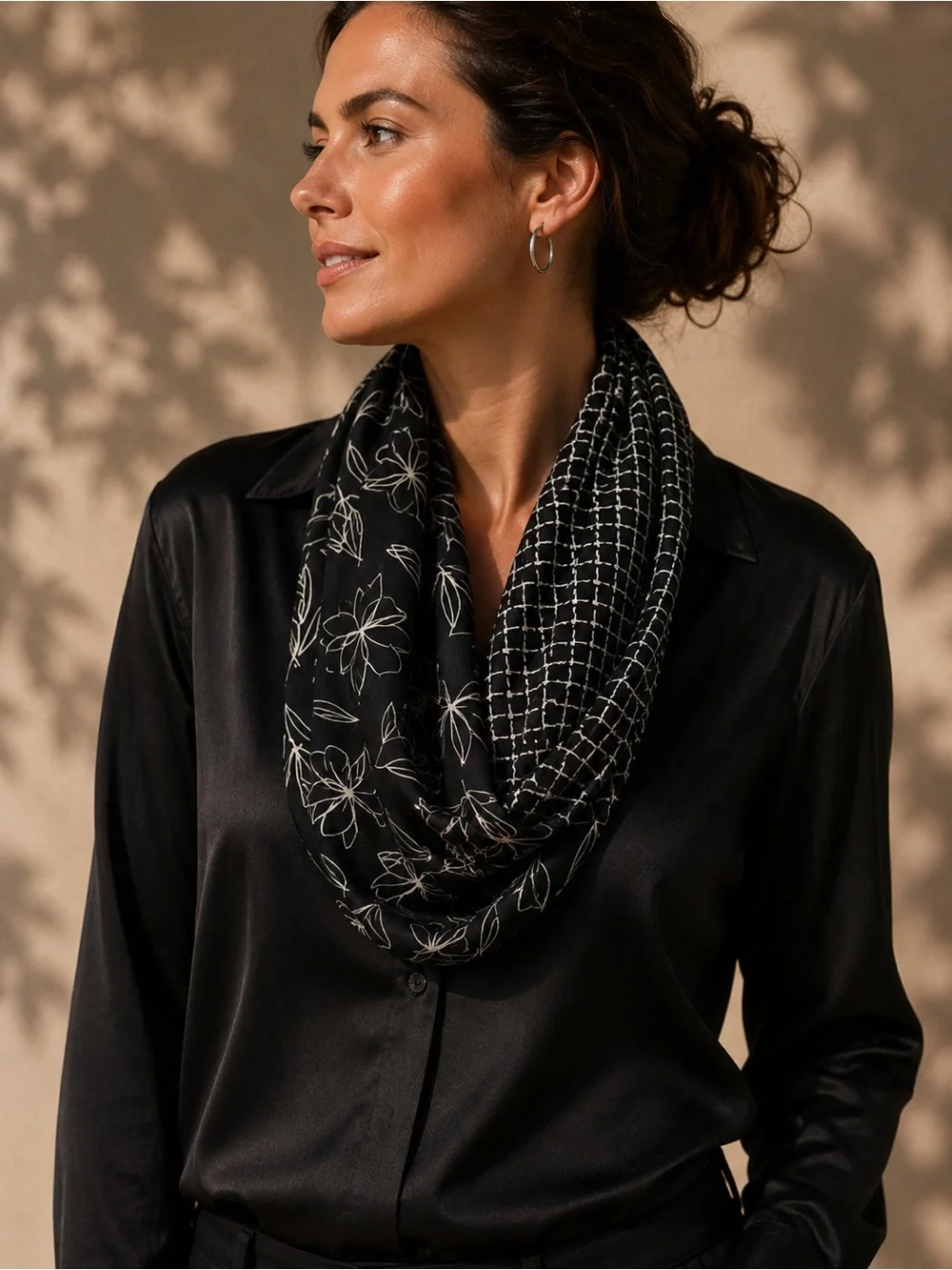 J. Jill 100% Silk Black Infinity Scarf with Floral & Grid Motifs